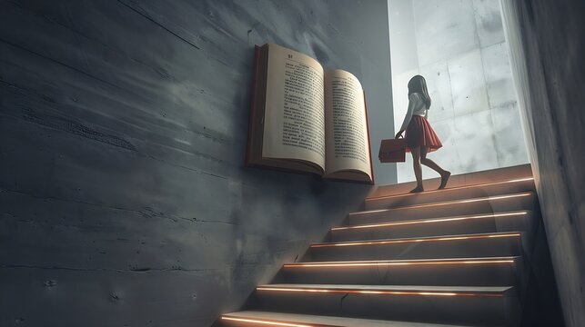 The girl climbs the stairs to the open book Art collage : Generative AI