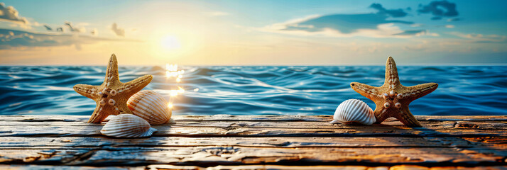 Serene Beach Landscape at Sunset, Wooden Pier Over Calm Sea Waters, Reflecting Skys Warm Colors