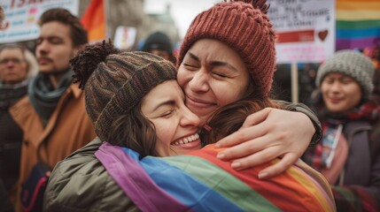 Fototapeta premium Embracing Strength: Ally Hugging LGBTQ+ Friend at Support Rally with Tears of Joy and Solidarity in Community Background