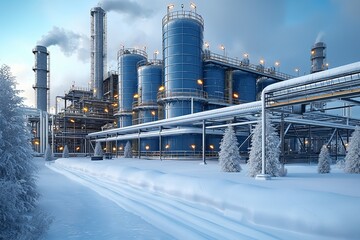 Obraz premium Snow-covered industrial plant in winter