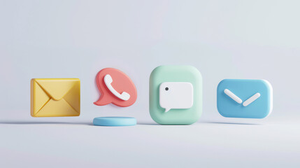 A clean and modern series of communication symbols, including a speech bubble, email envelope, phone icon, and chat icon, arranged against a minimalist backdrop.