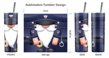 Funny Gnome Policeman cartoon character. Seamless sublimation template for 20 oz skinny tumbler. Sublimation illustration. Seamless from edge to edge. Full tumbler wrap.