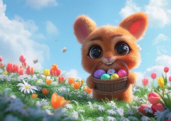 Adorable Furry Creature with Big Eyes Holding Easter Basket in Vibrant Flower Field Under Bright Blue Sky