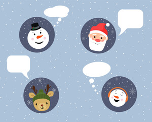 Christmas and New Year. Santa Claus, a snowman and a deer are having a dialogue. Bubbles for text. Postcard template. Flat vector. 