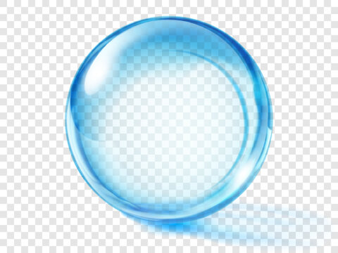 Large translucent colored sphere in light blue colors with glares and shadow on transparent background. Vector illustration for design projects and creative works