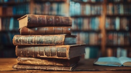 A stack of old books on table against background of bookshelf in library Ancient books as a symbol of knowledge history memory and information Conceptual background on education litera : Generative AI