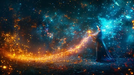 A fairy godmother casting a spell with her wand, surrounded by sparkling magic,