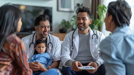 A family discussing medical concerns with a doctor via telemedicine from their living room,
