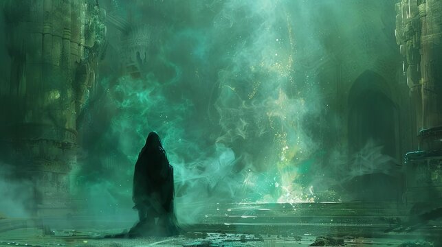 A dreamlike scene where a seer receives a prophecy in a trancelike state,