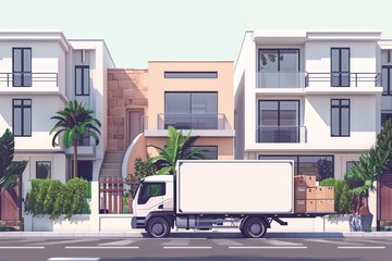 Modern truck in a suburban neighborhood, ready for moving and delivery, showcasing a clean, organized, and professional logistics setup for efficient relocation.