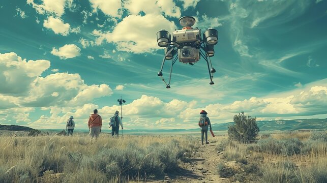 A floating camera hovering over a group of scientists conducting field research,