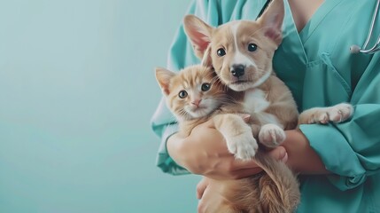 Web banner with puppy and kitten in veterinarian doctor hands at animal clinic copy space Female vet doctor holding cute ginger puppy and kitten Vet examining Pet check dog and cat hea : Generative AI