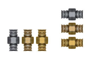 Brass and steel screw nuts and pipe fittings - on isolated transparent background.