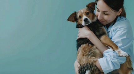 Happy veterinarian hugging dog and cat : Generative AI