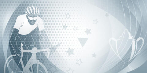 Cycling themed background in gray colors with sport symbols such as an athlete cyclist and a cup, as well as abstract curves and dots