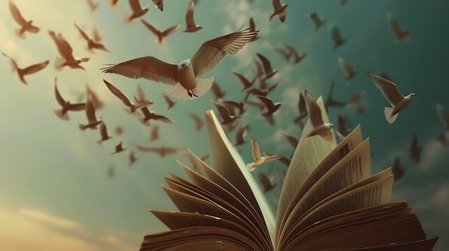 surreal pages of an open book fly free like birds in the sky : Generative AI