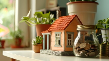 Coin savings in a glass jar with a tiny house background, residential house planning finance.
