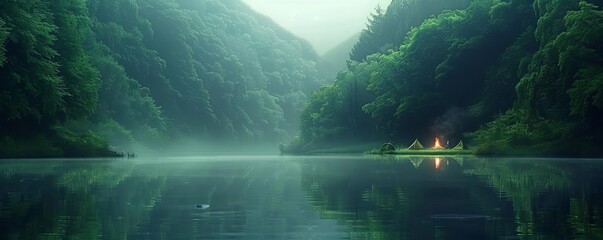 Serene forest lake with mist and campfire reflection.