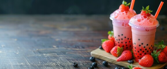 strawberry fruit bubble boba tea on wooden table banner with copy space