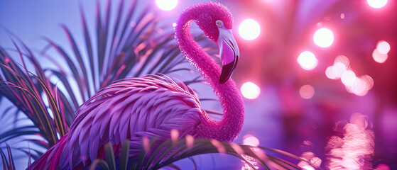 Solitary Pink Flamingo Among Lush Tropical Foliage, a Vibrant Contrast of Nature and Wildlife