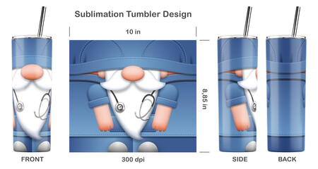 Funny Gnome Nurse cartoon character. Seamless sublimation template for 20 oz skinny tumbler. Sublimation illustration. Seamless from edge to edge. Full tumbler wrap.