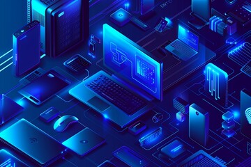 Assortment of electronic devices including computers and laptops on a blue background with copy space for computer service or tech repair banner. Generative AI