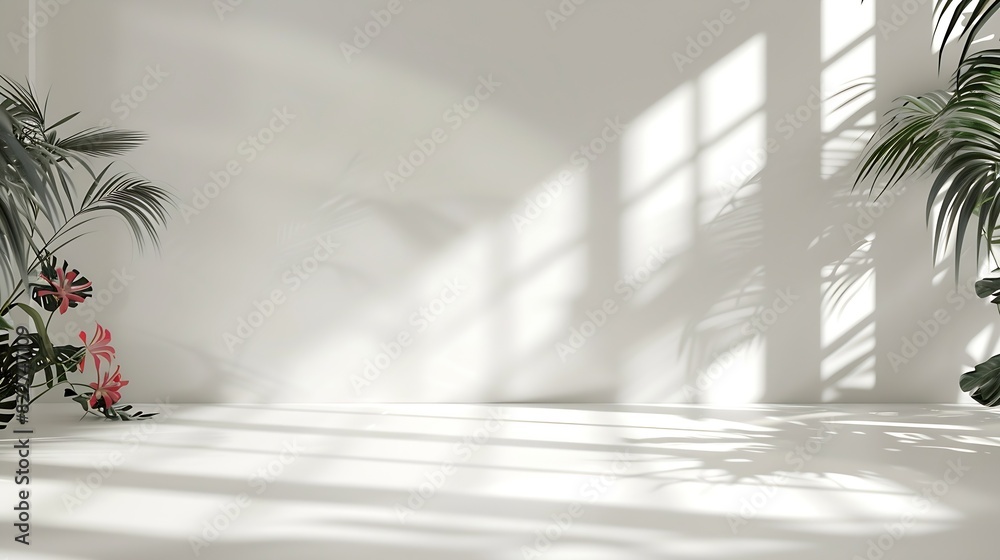 Poster Abstract white studio background for product presentation Empty room with shadows of window and flowers and palm leaves  3d room with copy space Summer concert Blurred backdrop : Generative AI