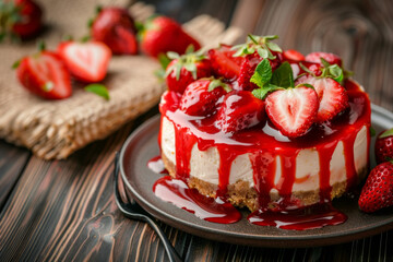 high resolution photo of beautiful strawberry cheesecake with drizzled red sauce and fresh strawberries on top, on dark wood background, studio shot