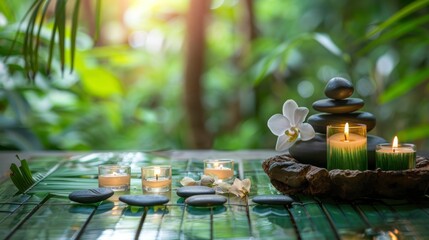 nice relaxation place with lit candles and stones with flowers with a blurred nature background in high resolution and quality