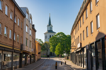 Tower of Vimmerby Kyrka evangelical church in Vimmerby, Sweden