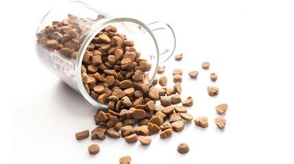 Kibbles in measuring cup and some random pieces 1 cup dry pet food portioned out a medium to large dog Brown small oval pebbles Isolated on white Selective focus : Generative AI