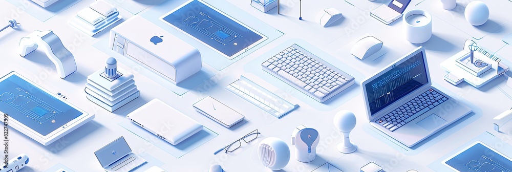 Fototapete Various types of laptops are displayed on a table in a neat arrangement. The image features a mix of technology equipment against a white and blue backdrop. Generative AI