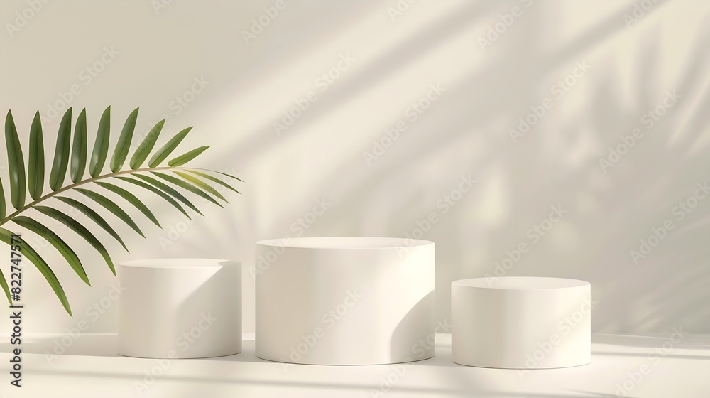 Poster Three varying height white podiums complemented by a palm leaf on a neutral background ideal for product display : Generative AI