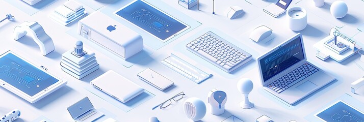 Various types of laptops are displayed on a table in a neat arrangement. The image features a mix of technology equipment against a white and blue backdrop. Generative AI