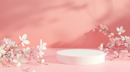 White round podium pedestal cosmetic beauty product presentation empty mockup on trendy pink coral pastel background with light shadows and spring flowers minimalist flat lay backdrop  : Generative AI