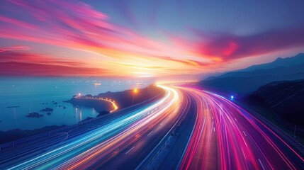 colorful long exposure background of motion blur moving light of traffic cars on a road.
