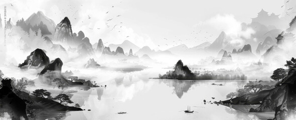 Chinese landscape painting, Chinese ink style, black and white tones, mountains on the left side of an calm lake with mist in front, scattered clouds above the mountain peaks