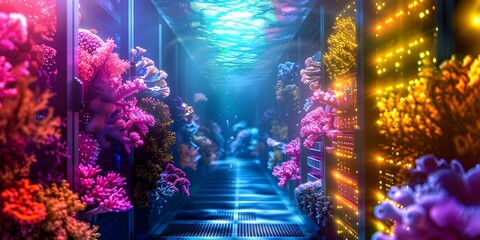 Innovative underwater data center promotes environmental sustainability and efficiency through coral growth. Concept Technology, Underwater Innovation, Environmental Sustainability, Coral Growth