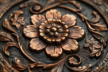 Close-up of intricate floral metalwork with copper details