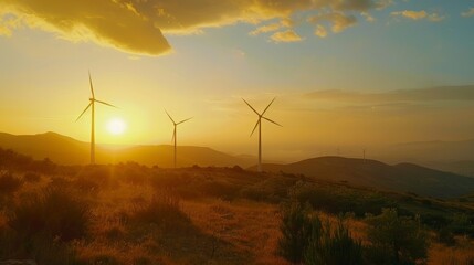As if paying tribute to the end of another day the wind turbines spin majestically in the sunsets golden light.