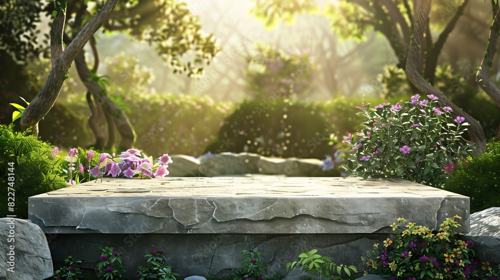 Poster Front view of the stone podium showcases products in a garden with flowers plants and branches Empty platform : Generative AI