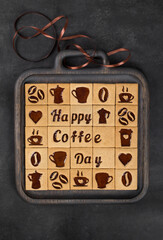 Modern Coffee square cookies with coffee marmalade filling in the form of drawings of a cup, a...
