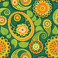 Indian ornament of flowers on green background for textile texture