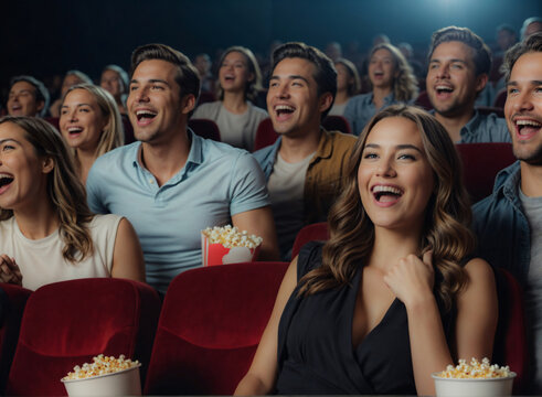 Group of people sitting in a movie theater watching a film