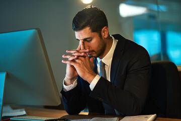 Stress, headache and frustrated accountant at night in office with mistake or error on computer....