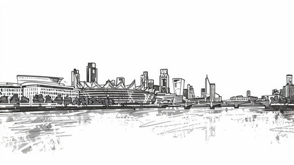 Fototapeta premium Architecture, London football stadium, suitable for football or cricket, flat vector illustration, hand drawing, black outline drawings, light pastel colours, white background.