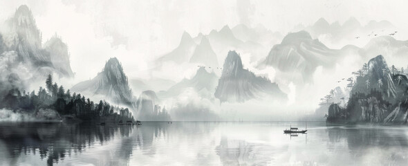 Chinese landscape painting, ink style, black and white tones, misty mountains, lake surface, small boats on the water, distant pine trees, clouds floating in the sky