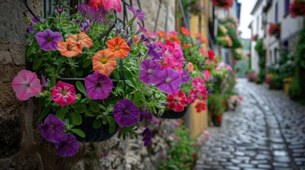 Closeup of colorful petunias in hanging baskets along a cobblestone alleyway. Concept Floral Photography, Hanging Baskets, Cobblestone Alleyway, Closeup Shots, Colorful Petunias