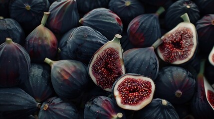 Fresh slice of fig lying on a heap of ripe figs Heap of tasty organic figs : Generative AI