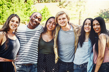 Diversity, group portrait and happy friends outdoor together for support, care or solidarity in summer nature. Team, people and community of students at park for trust or connection at university